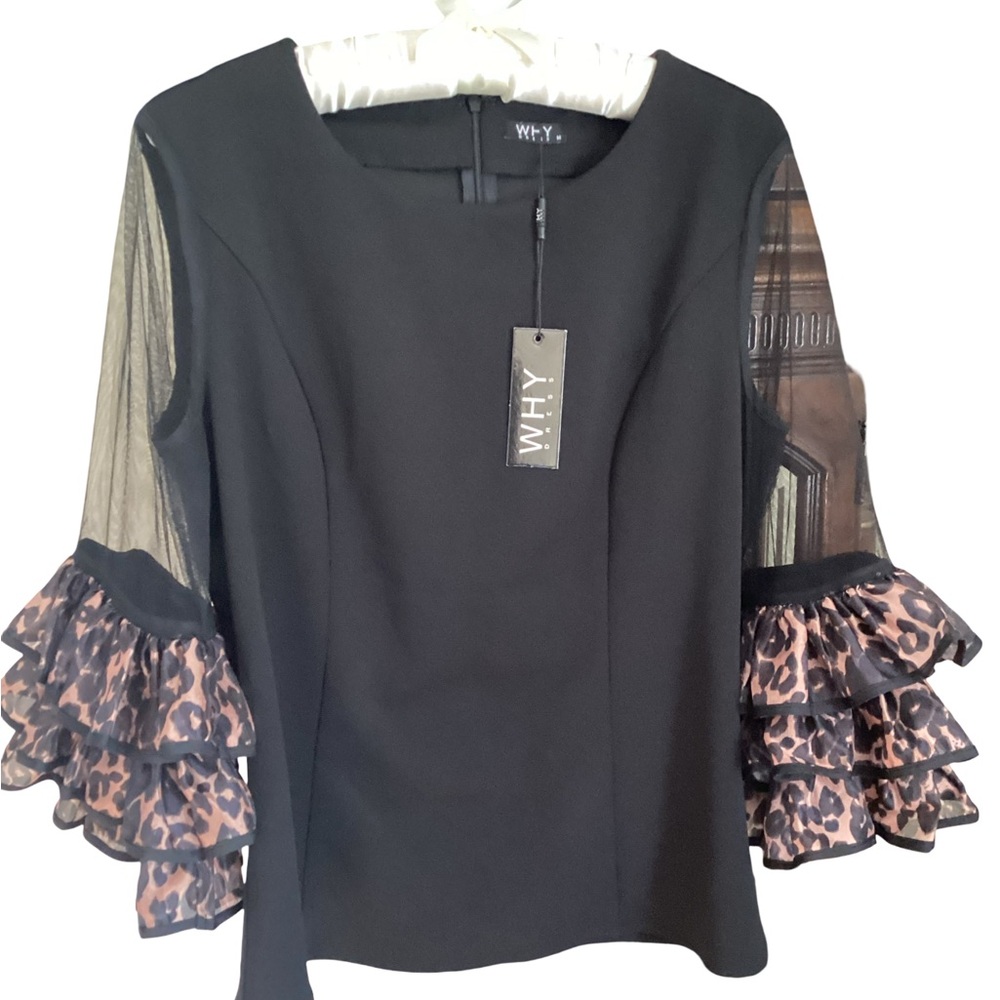 🚨Sale🚨! NWT Black Top Sheer Sleeves w/Leopard Ruffles Size M